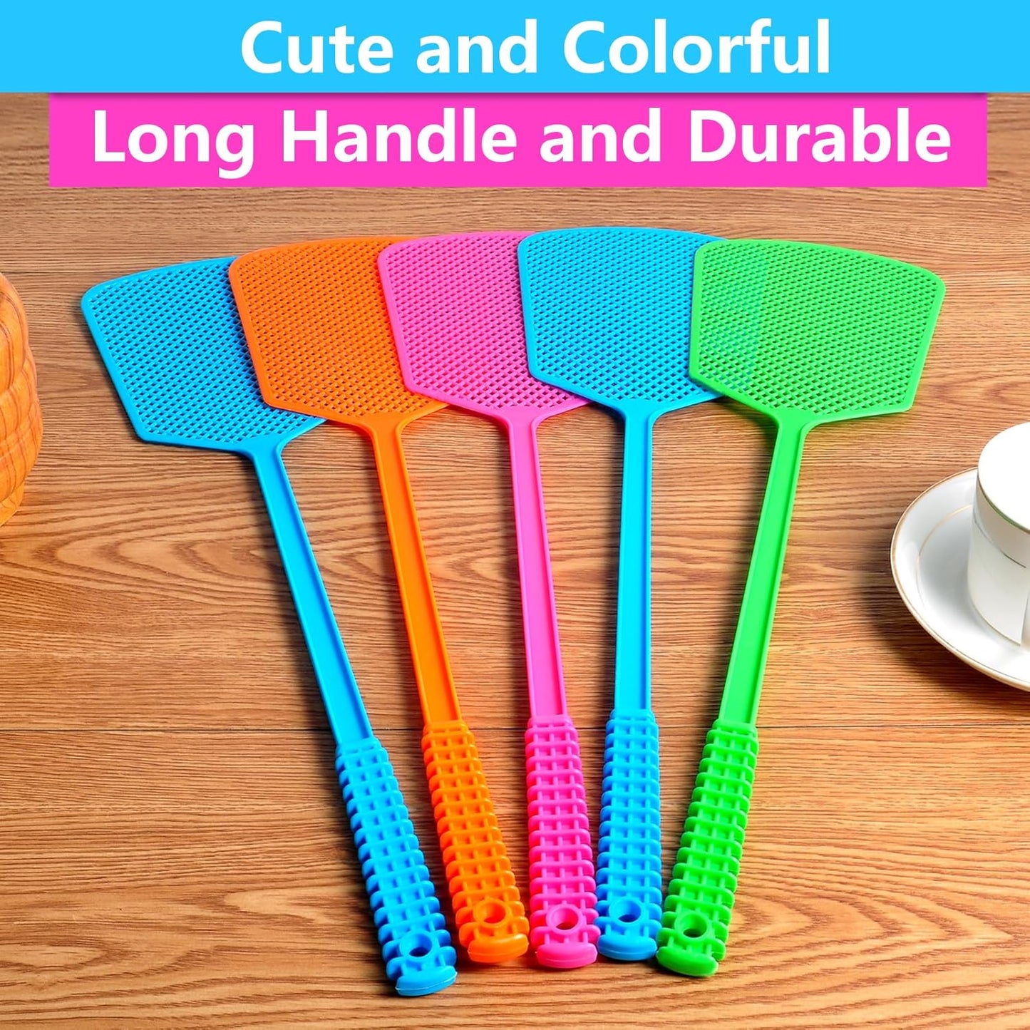 Fly Swatter, 5 Pack Plastic Heavy Duty Manual Fly Killer, Long Handle Fly Swatter, Large Mosquito Fly Swatter for Indoor and Outdoor Use
