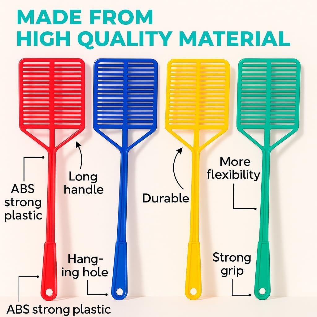 4Pcs Colorful Fly Swatters – Long Handle Manual Bug Zappers, Durable ABS Plastic, Strong Grip, Hanging Hole