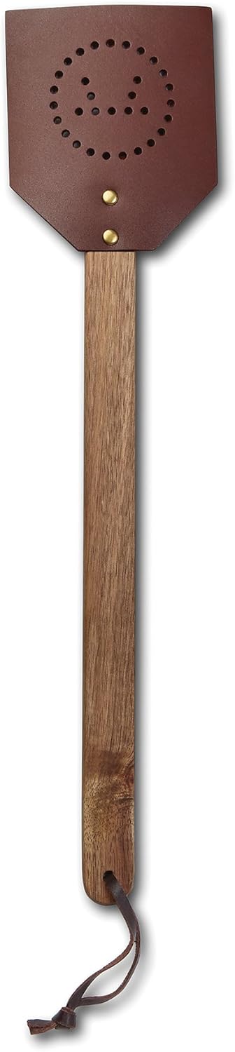 Retro leather and wooden fly swatter - a great item for both home fly control and decoration 17.5 inches, brown