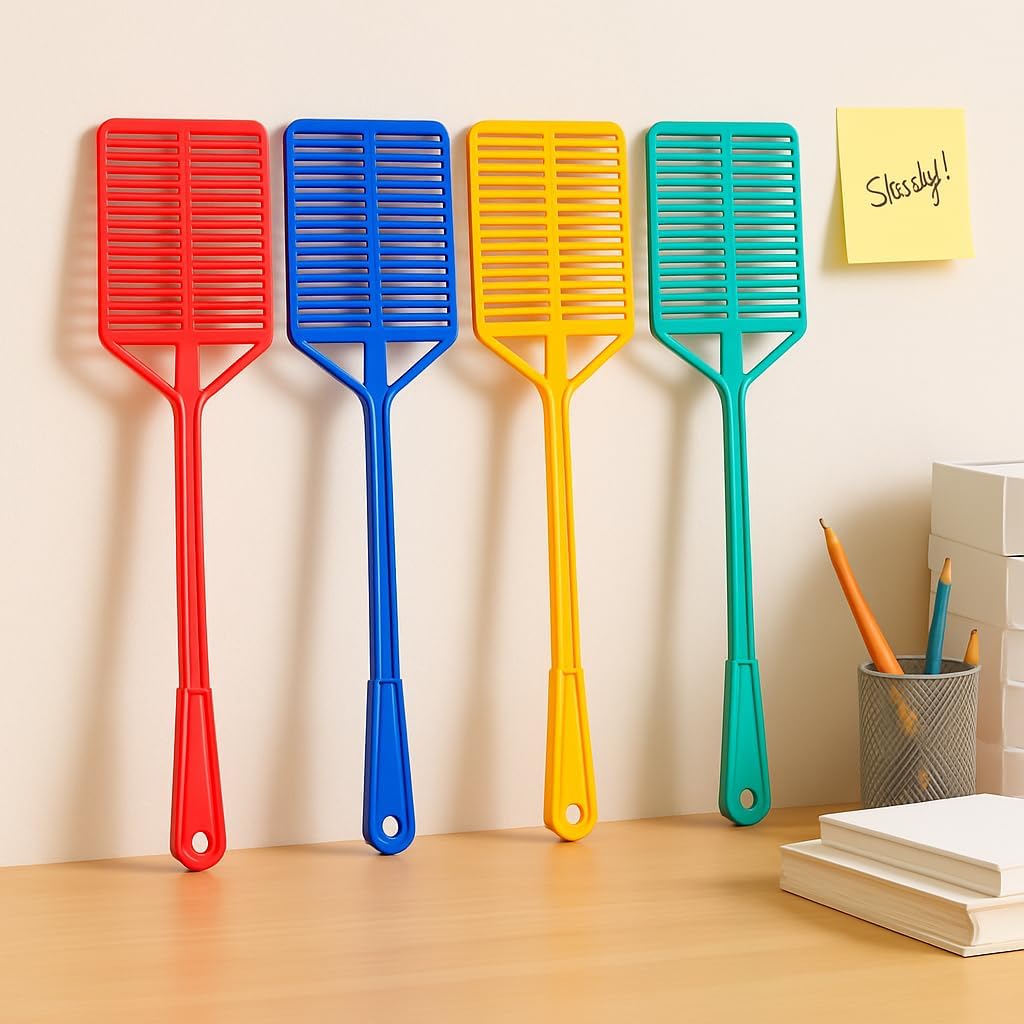 4Pcs Colorful Fly Swatters – Long Handle Manual Bug Zappers, Durable ABS Plastic, Strong Grip, Hanging Hole