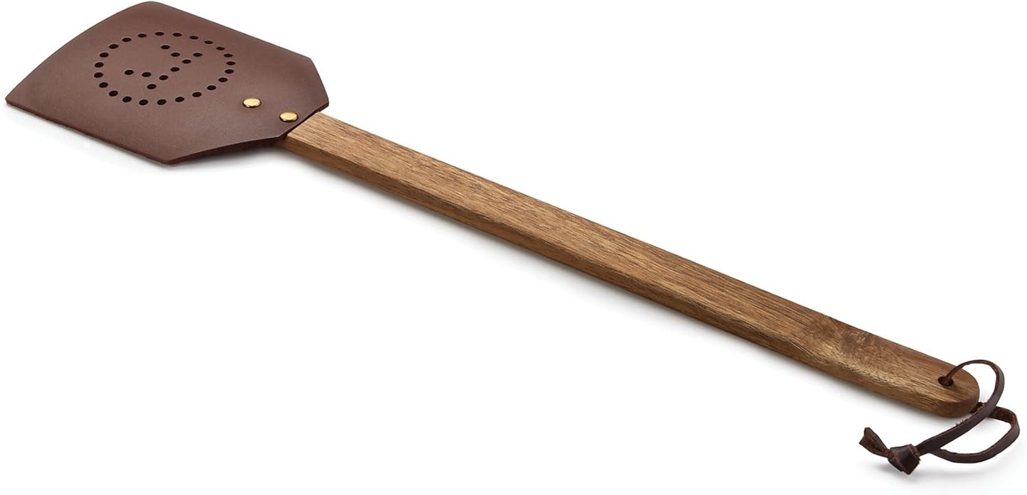 Retro leather and wooden fly swatter - a great item for both home fly control and decoration 17.5 inches, brown
