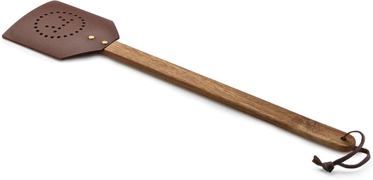 Retro leather and wooden fly swatter - a great item for both home fly control and decoration 17.5 inches, brown