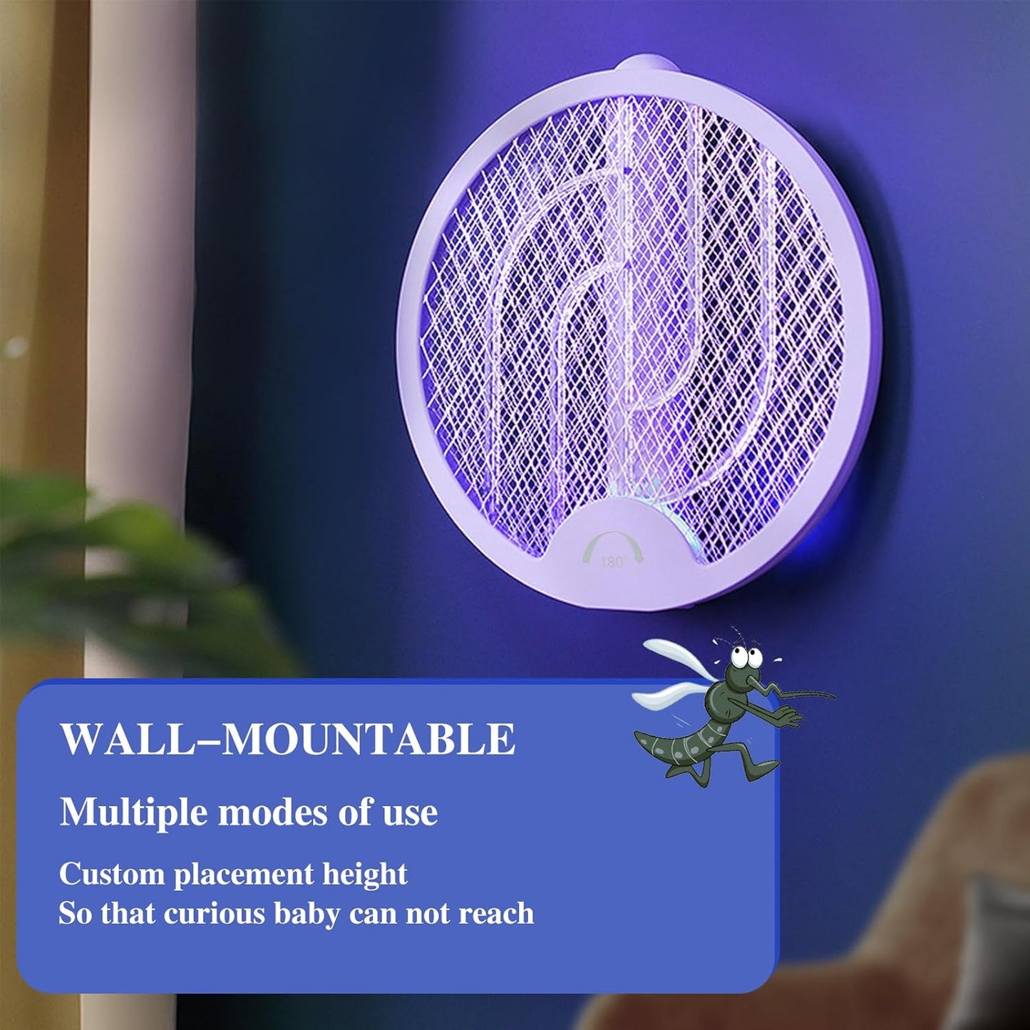 USB Rechargeable Electric Mosquito Swatter with LED Purple Light Trap and 180° Rotatable Handle