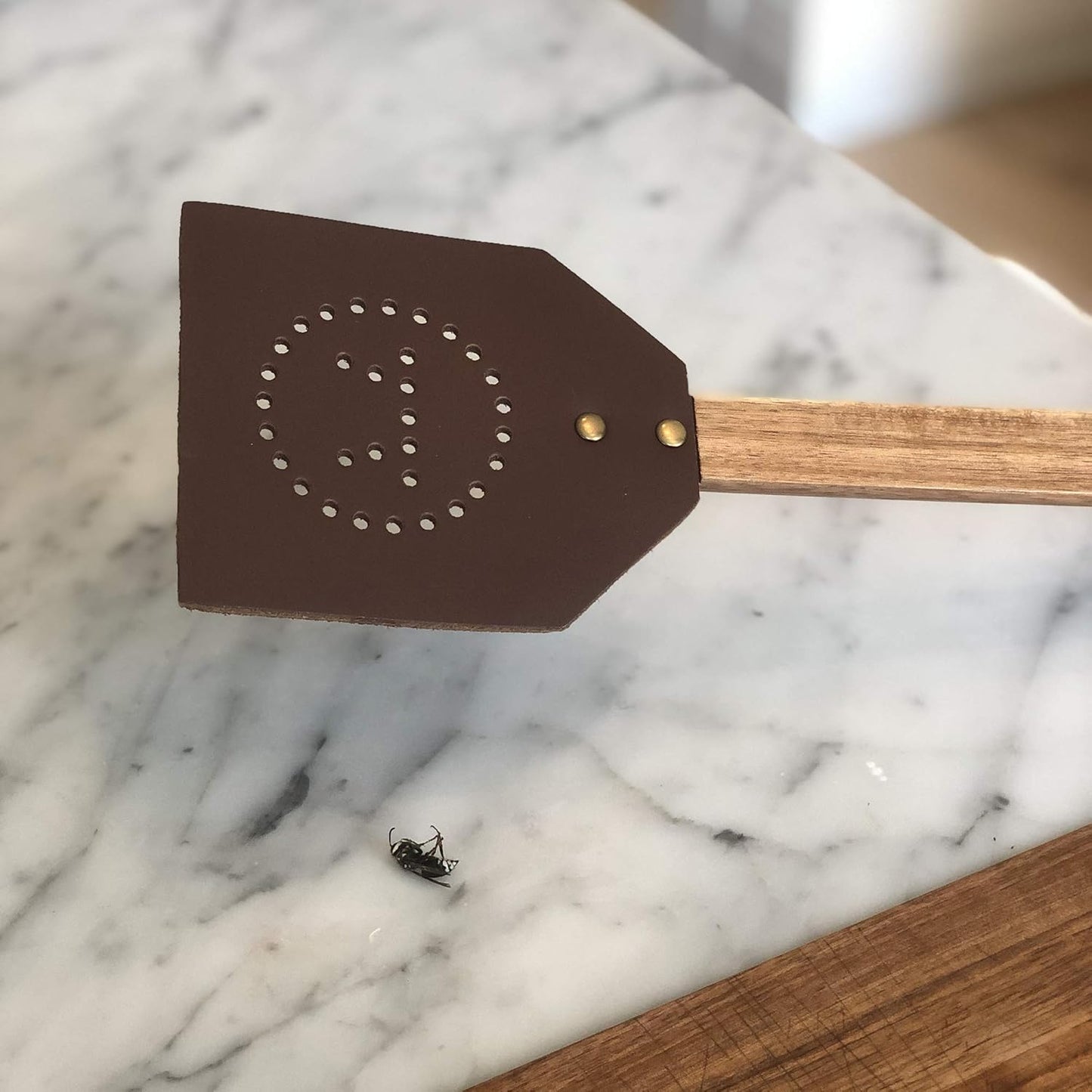 Retro leather and wooden fly swatter - a great item for both home fly control and decoration 17.5 inches, brown