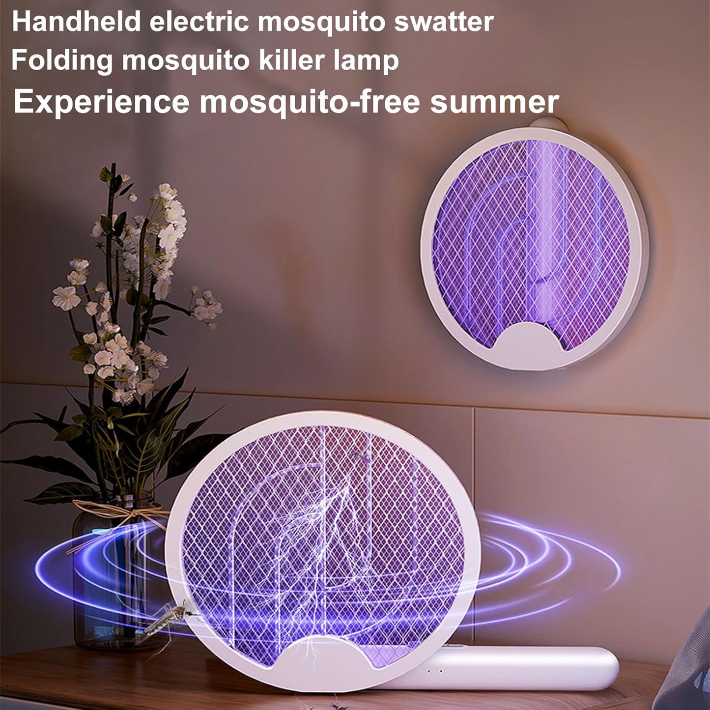 USB Rechargeable Electric Mosquito Swatter with LED Purple Light Trap and 180° Rotatable Handle