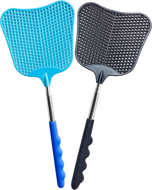Fly Swatter Heavy Duty Set with Durable Telescopic Stainless Steel Handle for Home, Classroom and Office, 2 Pack, 2 Colors