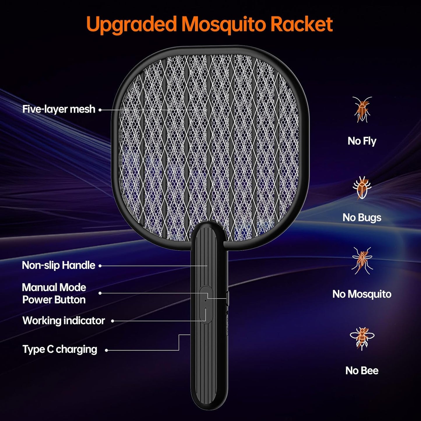 Upgraded Electric Mosquito Racket – 5-Layer Safety Mesh, Manual Mode Zapper, Type-C Rechargeable, Indoor/Outdoor Bug Killer