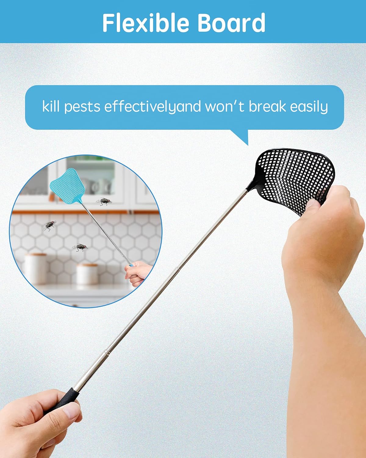 Fly Swatter Heavy Duty Set with Durable Telescopic Stainless Steel Handle for Home, Classroom and Office, 2 Pack, 2 Colors