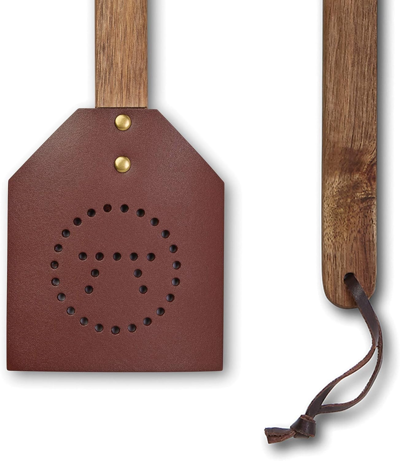Retro leather and wooden fly swatter - a great item for both home fly control and decoration 17.5 inches, brown