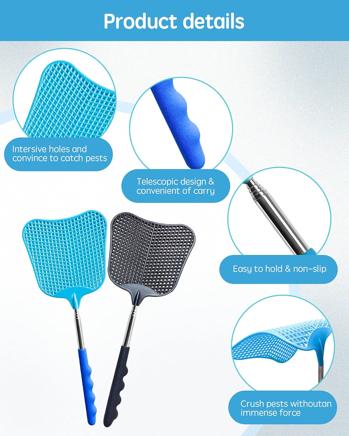 Fly Swatter Heavy Duty Set with Durable Telescopic Stainless Steel Handle for Home, Classroom and Office, 2 Pack, 2 Colors