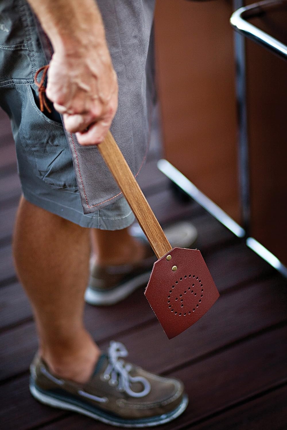 Retro leather and wooden fly swatter - a great item for both home fly control and decoration 17.5 inches, brown