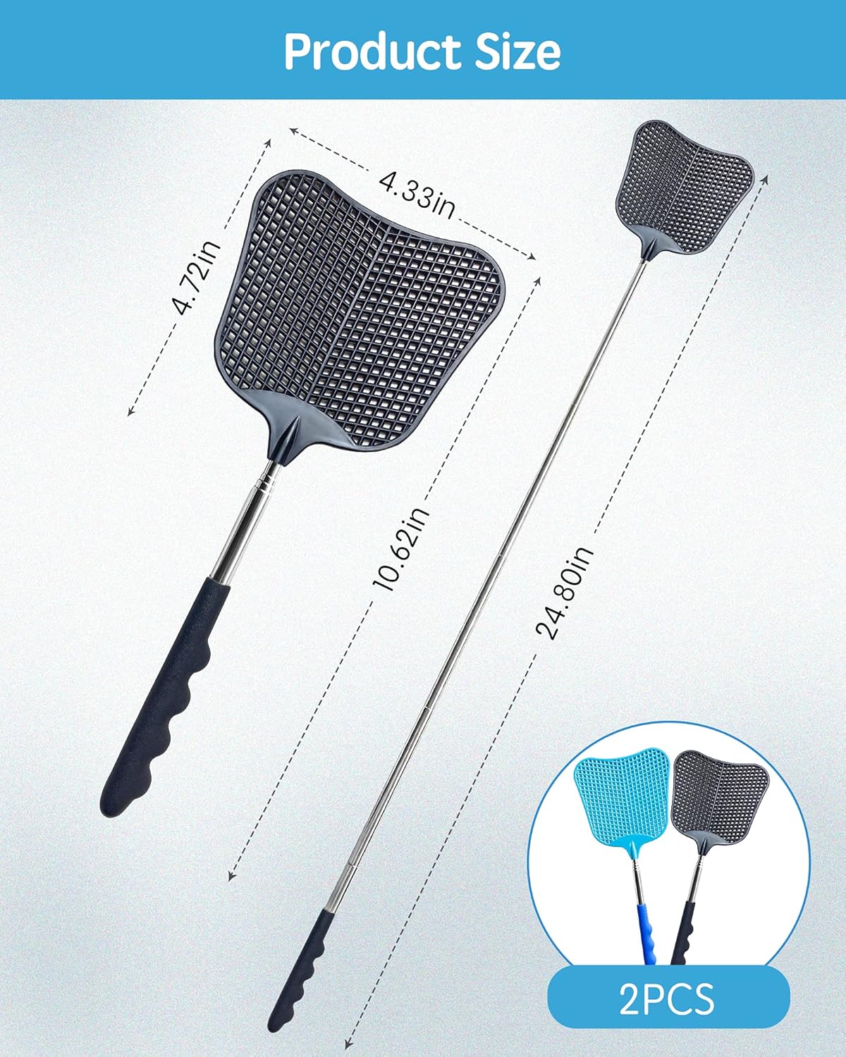 Fly Swatter Heavy Duty Set with Durable Telescopic Stainless Steel Handle for Home, Classroom and Office, 2 Pack, 2 Colors