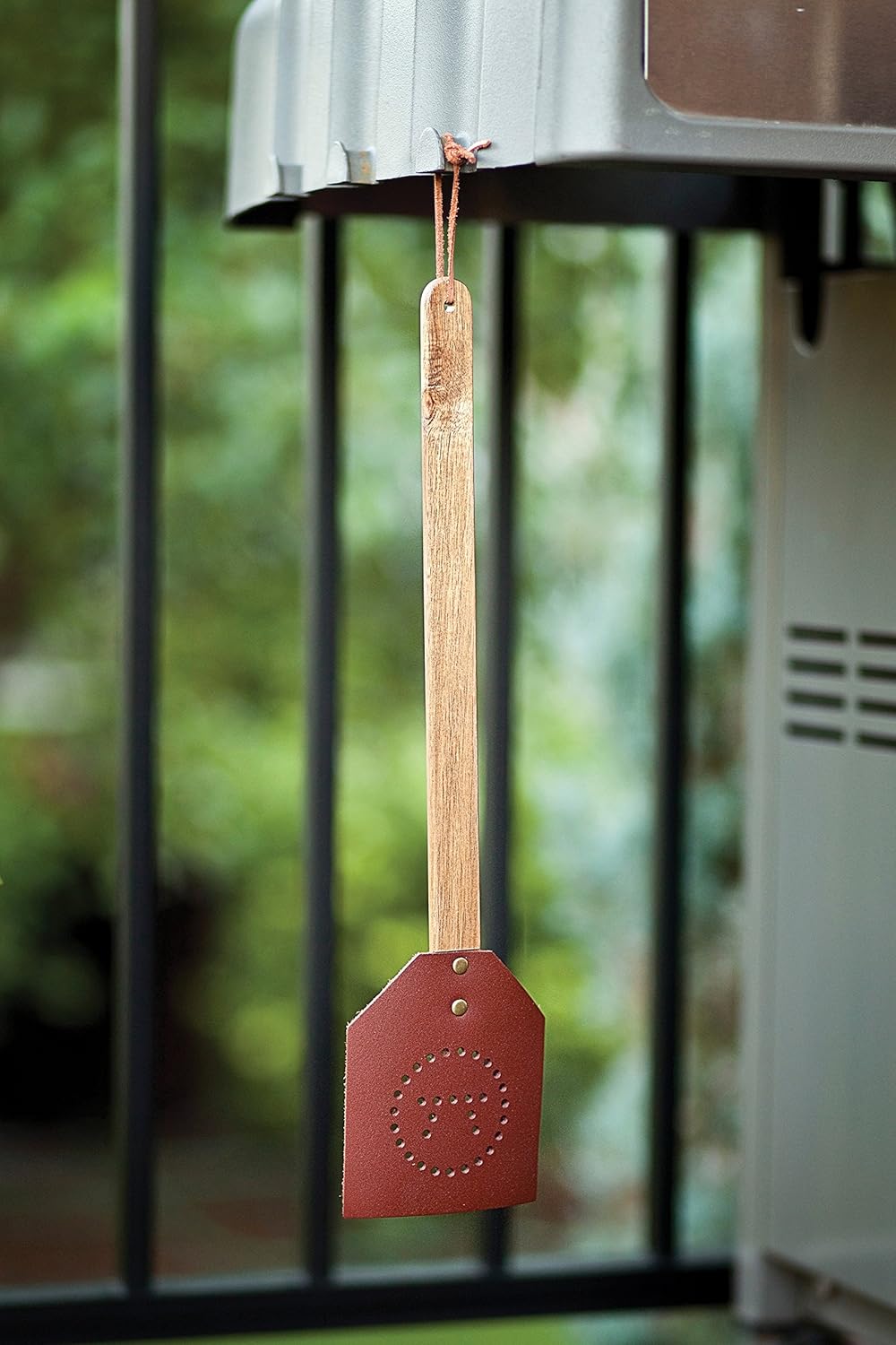 Retro leather and wooden fly swatter - a great item for both home fly control and decoration 17.5 inches, brown